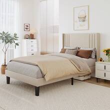 Asofer 120 x 200 cm Bettrahmen mit Ohrendesign-Kopfteil, gepolstertes Plattformbett mit moderner geometrischer Optik, Holzlattenunterbau, unkomplizierte Montage, dekorativer Wohnbegleiter - Beige - Übersicht 1