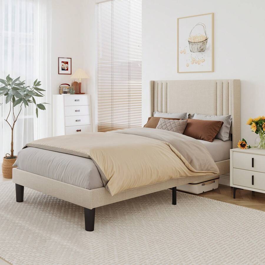 Asofer 120 x 200 cm Bettrahmen mit Ohrendesign-Kopfteil, gepolstertes Plattformbett mit moderner geometrischer Optik, Holzlattenunterbau, unkomplizierte Montage, dekorativer Wohnbegleiter - Beige - Übersicht 1