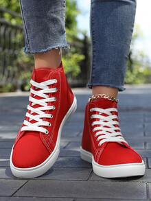 女士高帮运动鞋，经典高帮帆布鞋，系带女士时尚运动鞋 - 紅色 - 查看 2