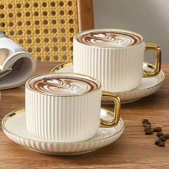 1 Set Luxury Golden-Rimmed Ceramic Tea & - Elegant White & Golden Multi-Purpose Cup And Saucer, Dishwasher , Ideal For Home Kitchen, Afternoon Tea, Coffee, Holiday Gifts & Special Occasions,Perfect Birthday Or Holiday Gift For Women/Man,Ideal For Thanksgiving Gift, Christmas, Easter, Valentine'S Day, New Year