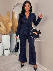 Terno casual azul-marinho Amarilo e calça boca de sino, conjunto de duas peças com tecido tweed, roupa para escritório, estilo descontraído, estilo tradicional, roupas de outono/inverno para mulheres