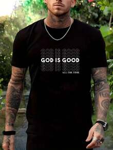 Camiseta gráfica con estampado "Dios es bueno" de algodón suave y con estilo, de manga corta y cuello redondo, de uso casual - Negro - Ver 1