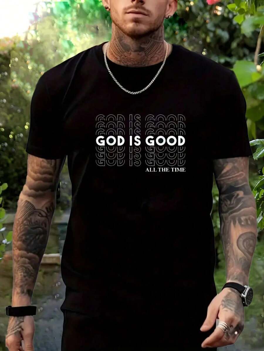 Camiseta gráfica con estampado "Dios es bueno" de algodón suave y con estilo, de manga corta y cuello redondo, de uso casual - Negro - Ver 1