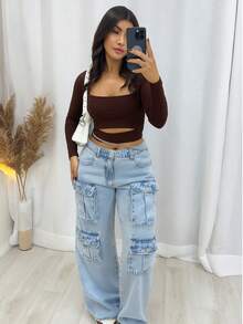 Women's Cropped Top Long Sleeve Cutout Blouse Top Suplex Simple Pocket Zipper Button Vacation - Màu nâu  Mocha - Xem 6