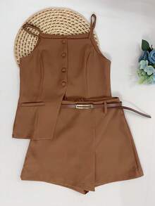 Sophisticated And Elegant Set | Suit-Style Blouse With High Slit At The Hem | Simple Cut Short-Skirt With Belt | Office And Party - Đồng - Xem 4