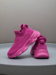 1 par de zapatillas para niños, transpirables, elásticas, suaves, con amortiguación de impactos, de secado rápido y ligeras, combinación y tejido de punto, estilo casual de calle adecuado para correr, caminar, ir a la escuela, unisex