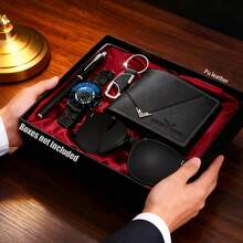 5件套：时尚商务石英表、皮革钱包、钥匙扣、钢笔、太阳镜、男士礼品套装