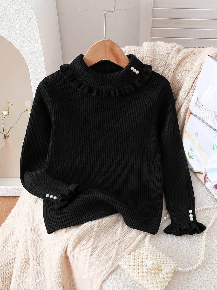 Áo len cổ lọ tay dài đính ngọc trai giản dị cho bé gái mùa thu/đông - màu đen - Xem 1