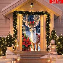 1pc 2D Flat New Year Christmas Party Supplies Flag - Spotted Deer With Bow And Holly Leaf Pattern Design Banner Flag, 2026 Merry Christmas Theme Party, Photography Prop Background Decor, Anniversary, Winter Gathering Doorway Decor, Indoor Outdoor Garden Entrance Porch Decoration, Christmas Decor Door Curtain