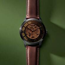 Fossil Townsman Automatik Herren Uhr, Cut Out transparente Scheibe, schwarzes Lederarmband und Nischendesign, einzigartig und modisch, zeigt Temperament/Männlichkeit, geeignet für den täglichen Lässig-Trag, ein Geschenk für Freund und Ehemann.ME3098