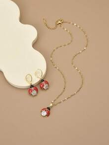 1pc Elegant Cute Fashion Cubic Zirconia Drip Oil 7-Star Ladybug Firefly Stainless Steel Necklace For Women, 1 Pair Elegant Cute Fashion Cubic Zirconia Drip Oil 7-Star Ladybug Firefly Stainless Steel Earrings For Women, Gold Jewelry, Gold Necklace, Stainless Steel Jewelry, Women Jewelry Set