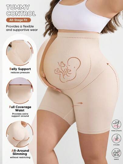 Plus Size Graviditetsunderdel med sömlöst magstöd, kort, hög midja, töjbar och bekväm graviditetsunderdel