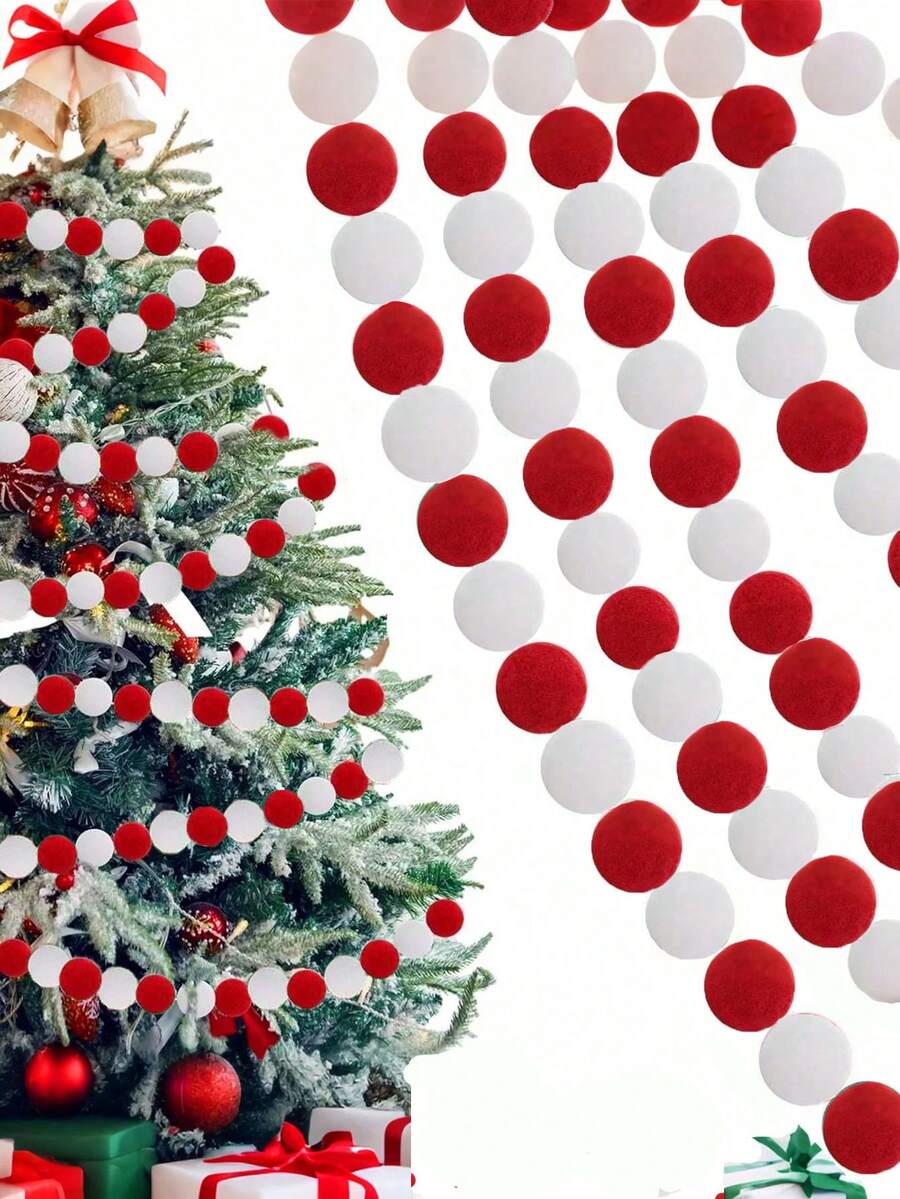 2pcs-Red & White Felt Ball Garland,Christmas Pom Pom Garland, 30 Colorful Pom Pom Garland Decoration, Boho Style For Wall Decoration, Thanksgiving Decoration Felt Ball Garland Red & White Felt Ball Garland Garland Hanging Supplies,Red White Pompom Bead Ornament String Banner Garland