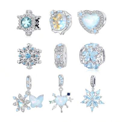 WOSTU 1 Pc 925 Sterling Silver Ice Series Snowflake Heart Beads Blue Zirconia Pendant For Women Bracelet DIY Christmas Party Gift