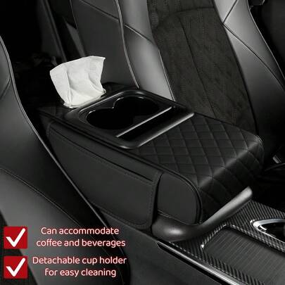 13" X 7" X 3" Almohadilla bordada para reposabrazos de consola central de automóvil de cuero PU con bolsillo lateral de almacenamiento, portavasos extraíble para fácil limpieza (se adapta a tazas de café y refrescos), accesorios de auto