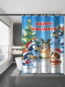 [Christmas Bluey Bathroom Curtain Shower Set] 1/3/4 Pcs Christmas Solid Color Santa Hat Bluey Family And Friends Holiday Pattern Printed Shower Curtain Set, Modern Design, Suitable For All Seasons, Waterproof Polyester Hooks And Lining, Flannel Material, Soft Surface, Bathroom Anti-Slip Mat, Bathroom Set Includes U-Shaped Mat, Toilet Mat, Anti-Slip Bathroom Mat And Bathroom Accessories, Home Decor, Holiday Decor, Christmas Gift, Daily Decor, Gift]
