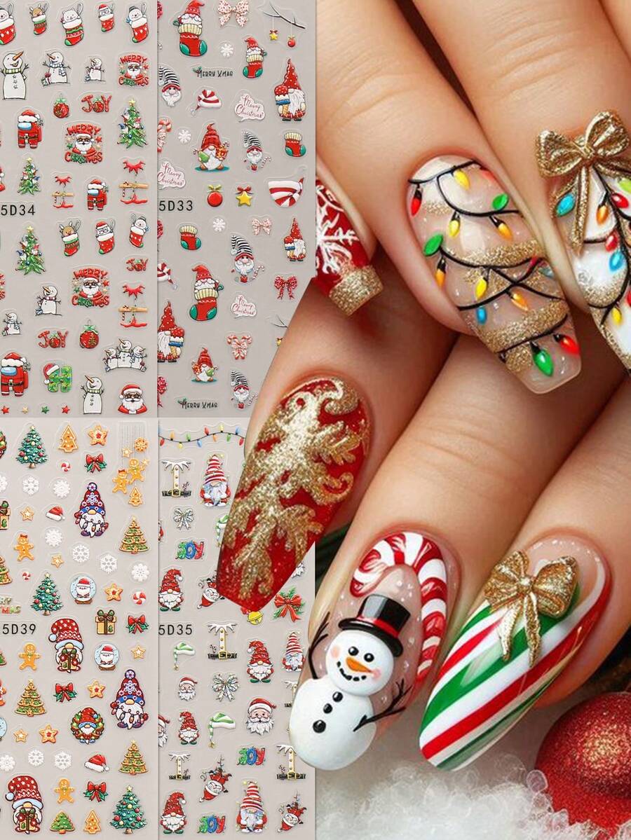 4 Adesivos de Arte de Unhas de Alívio de Desenho Animado de Natal - Flocos de Neve de Inverno, Papai Noel, Boneco de Neve, Árvore de Natal, Laço, Elementos Decorativos de Sino, Adequado para Uso Diário, Casamento e Feriados de Mulheres, Adesivos de Unhas Descartáveis e Autoadesivos, Estilo de Tema Fofo e de Luxo Leve, Fácil de Colar Adesivos de Unhas Vermelhos - Multicolorido - Visão 1