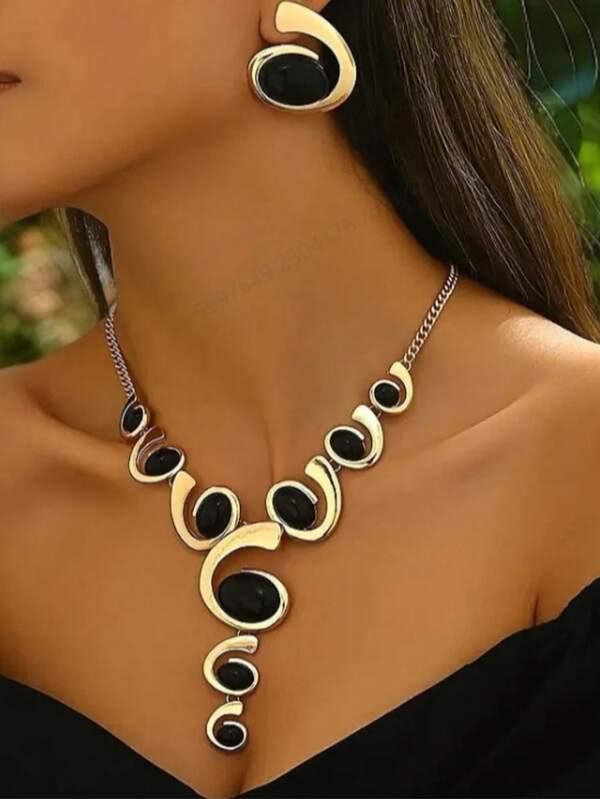 1 Set Oval Design Alloy Jewelry Set - Includes 1 Necklace And 1 Pair Of Earrings, Elegant Minimalist Women's Jewelry Set, Suitable For Gifts, Daily Gatherings, Weddings