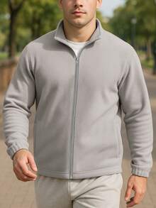 男士抓绒拉链立领夹克 - 多功能外套，适合滑雪、徒步、露营和日常寒冷天气通勤，冬季适用，滑雪 - 淺灰色 - 查看 7