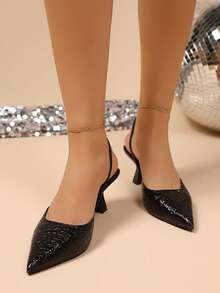 1 Pair Teenage Girls' Stiletto Sandals, Featuring Minimalist Stone Pattern Design, Fashion Casual With Adjustable Heel Strap, Suitable For Daily Wear And Party, Pointed Toe Sandals - Black - View 5