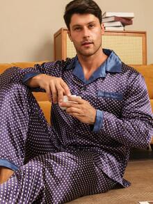 2pcs Men's Polka Dot Pattern Contrast Collar Pajama Set, Long Sleeve Top And Long Pants, Suitable For Spring, Summer, Autumn And Winter - Nhiều màu - Xem 3
