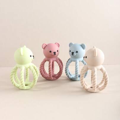 قطعة واحدة لعبة تسنين من السيليكون للأطفال، رشاقة للأطفال الرضع بتصميم الدب الكرتوني لتطوير قدرة القبض وإصدار الأصوات