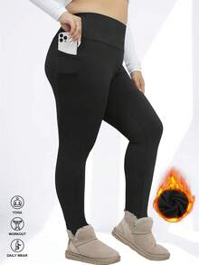 1. Plus Size Women Winter Leggings, Including: Thermal Lined Leggings, Leggings With Sports Drawstring And Pockets, Warm 7/8 Leggings, Black Cuffed Leggings - Black - View 6
