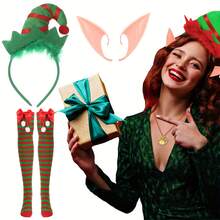 Three Pieces Christmas Fairy Costume Set (Including Headband, Leg Part And Socks) - Festive Red And Green Striped Fairy Ears, Green Sweater And Bow Tie - Suitable For Christmas And New Year Parties, Cute Style, Suitable As Accessories For Christmas Role-Playing Outfits - Multicolor - View 3