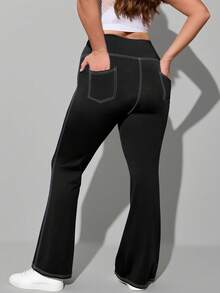 Plus Size Women's Autumn/Winter Sports Flare Pants, Slimming & Fashionable Outer Wear, Yoga Denim Effect High Waist Fitted Casual Pants With Pockets - Black - View 4
