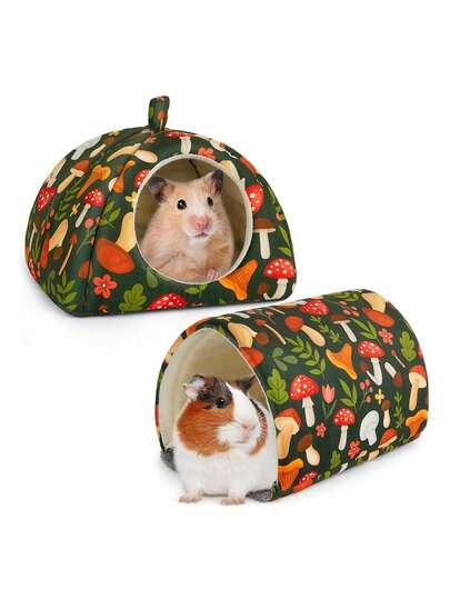 2 pièces Cachette pour cochon d'Inde, lit lavable pour lapin avec tunnel pour cochon d'Inde, ensemble de jouets pour cochons d'Inde, accessoires de cage pour clapier, pour hamsters, furets, lapins, champignon vert