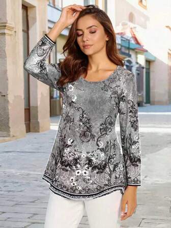 Fashionable Casual Vacation Style Elegant Women's Versatile Slim Fit Outdoor, Home, Travel, Work Optimal Choice Women's Retro Crew Neck Long Sleeve T-Shirt, Autumn/Winter