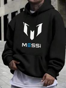 Men's Casual Messi Logo Graphic Print Hoodies, Drawstring Comfortable Oversized Hooded Pullover Sweatshirt - 黑色 - 查看 1