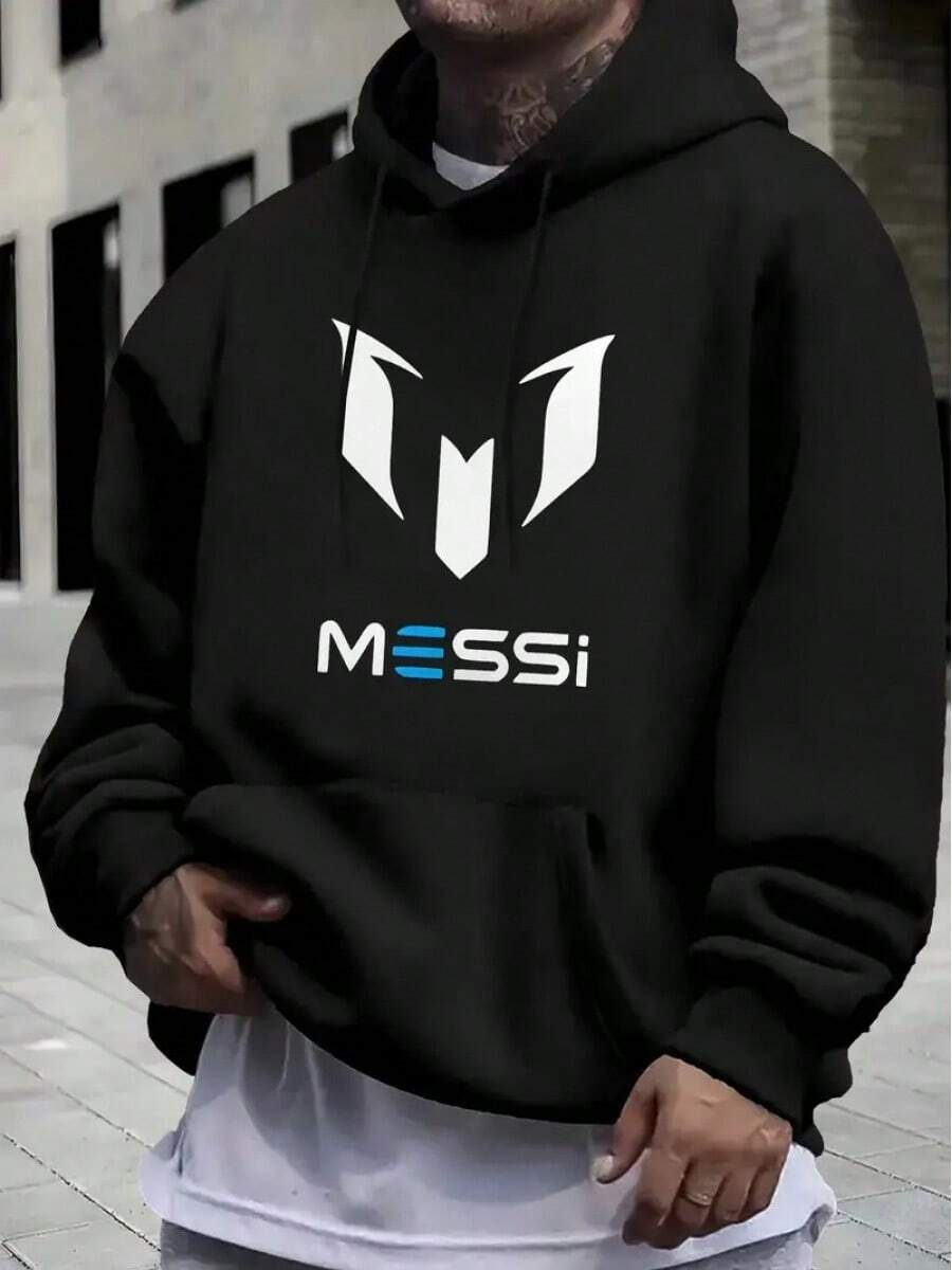 Men's Casual Messi Logo Graphic Print Hoodies, Drawstring Comfortable Oversized Hooded Pullover Sweatshirt - 黑色 - 查看 1
