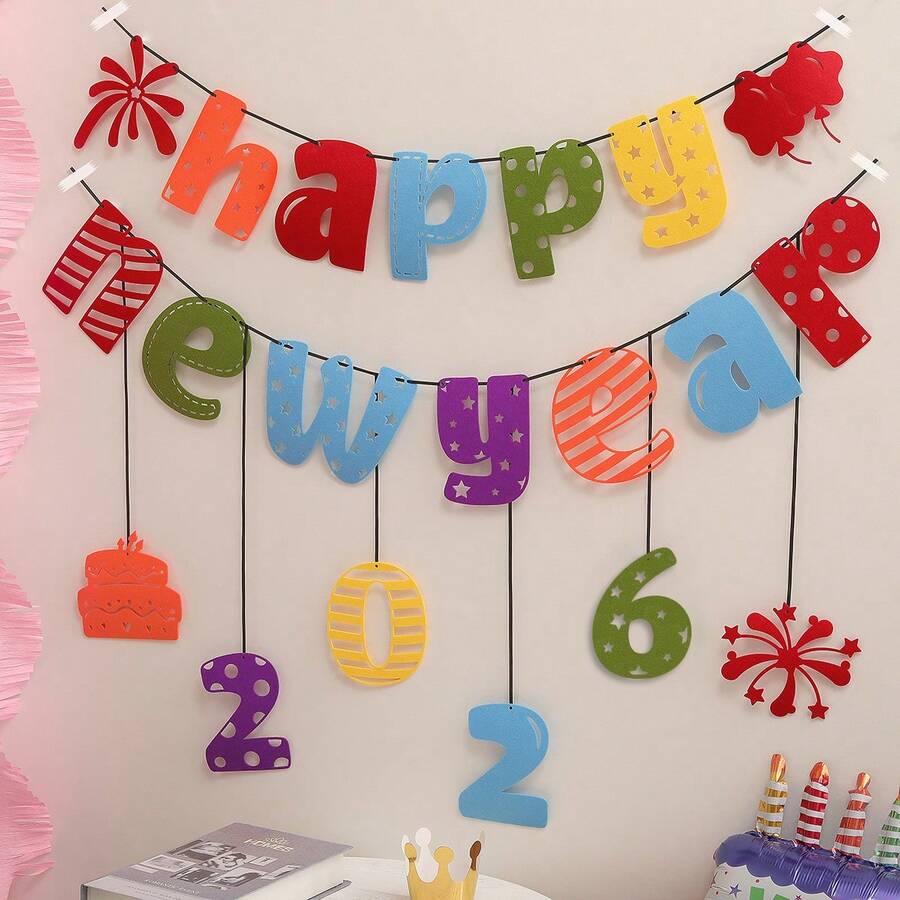 1 套/1 件彩色黑色、金色和粉色拉旗,2026 年新年派对装饰横幅 - 彩色 - 查看 1