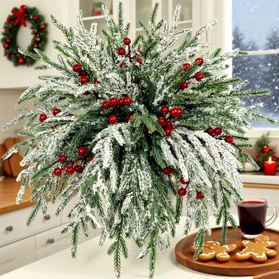 2/10 Pcs Artificial Norfolk Pine Branches With Red Berries, 13.97-Inch Cedar Needles With 13 Prongs, Durable Plastic, Suitable For Wreaths, Canes, Vase Fillers, And Christmas Tree Decorations, Christmas Decorations, And Home Decor.