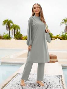 VFJ Burkini Muslim Swimsuits For Women Modest Islamic Swimwear Long Sleeve Full Cover 3PCS Set Beachwear With Cap - Grey - View 6
