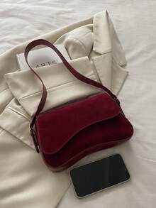 Minimalist Solid Color Shoulder Flap Bag, Classic Textured Crossbody Bag Purse For Women - Red - View 5