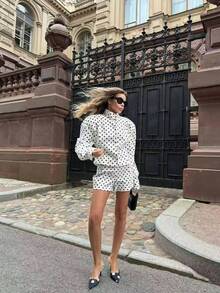 Áo khoác nữ mùa Thu/Đông kiểu dáng blogger mới, chấm bi, cúc phối màu tương phản, thanh lịch, dáng rộng, thường ngày, màu trắng, thích hợp cho mùa xuân. - trắng - Xem 5