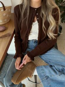 Senya 女士秋冬新款浪漫棕色前开襟针织开衫，蕾丝设计休闲针织毛衣上衣，圆领长袖，适合日常约会、假日、度假、情人节、女士冬季毛衣、新年等场合。 - 咖啡棕 - 查看 2