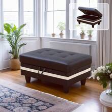 Black & White Semi-PU Leather 3-Piece Sofa Set With Storage Ottoman | [2 Options]2 Purchase Options: Complete Set With 2 Pillows Or Ottoman Only, Modern Sectional Couch With Solid Wood Frame, Easy Assembly - Black and White - View 11