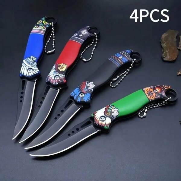 4-Piece Outdoor Pocket Folding Knife, Vintage  Pattern, Stainless Steel Sharp Blade, Suitable For Camping, Hunting, And Fishing, Indoor And Outdoor Activities, Christmas And Halloween Gifts For Friends