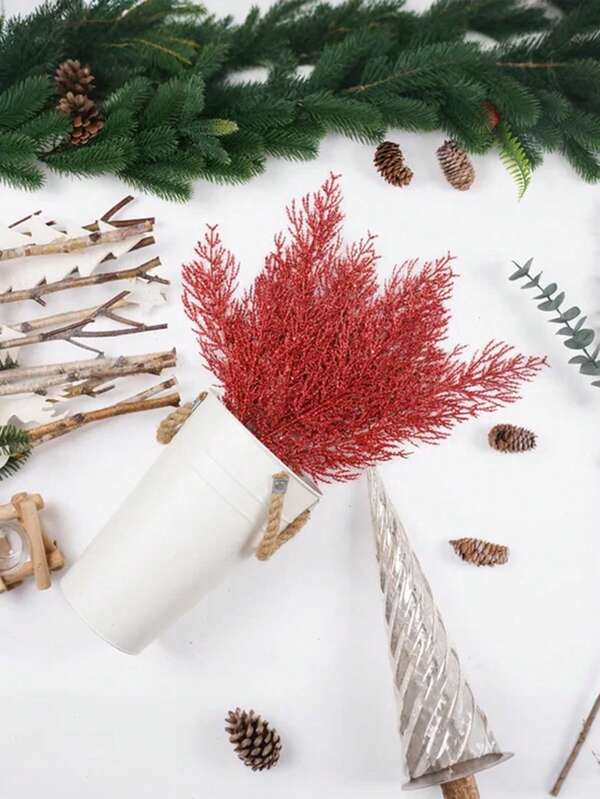 50 PCS Of 34cm/13.5inch Artificial Simulation Red Plants - Pine And Cypress Leaves, Pine Needles, Christmas Wreaths, Flower Arrangement Accessories, Artificial Tree Branches - Suitable For Outdoor, Indoor, Living Room Decoration - Festive Christmas Decorations - Plastic Material - Winter Season - Exhibition Use - Hanging Placement