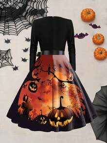 Vestido largo de fiesta elegante y vintage con estampado de calabaza, calavera y telaraña, de cuello redondo, cintura alta, manga larga y cinta - Naranja - Ver 2