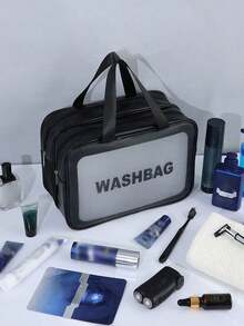 1 pièce Sac de toilette noir en PU à séparation sèche et humide, transparent et imperméable, à double couche, grande capacité, multifonction, sac de rangement pour le maquillage, sac de sport et de natation portable pour hommes et femmes