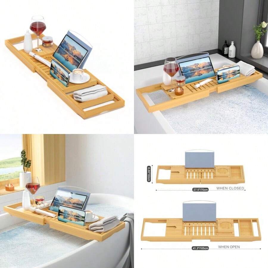 Luxury Bamboo Bathtub Tray Wooden Expandable Caddy With Book Tablet Wine Holder Gift Idea