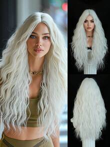 28 Inch Loose Long Wave White Wig For Fashion Women Gorgeous Middle Part Wavy Wig, Soft Synthetic Heat Resistant Fiber Hair Replacement Cosplay Costume Wigs For Girls Halloween Wear, Music Festival Party Use - White - View 3