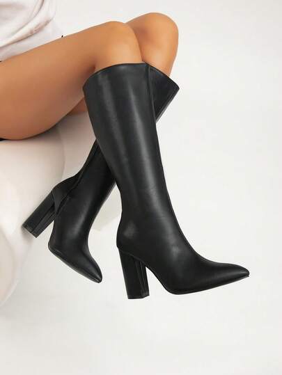 Women's New High Boots, Black Tall Boots & Patent Leather Boots, Solid Color, High-Quality PU Leather, Minimalist & Versatile, Fashion & Sexy For Party, Commute, Office, Super High Heel Thick Heel Pointed Toe Side Zipper Long Boots, Winter