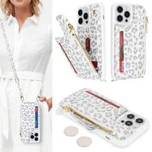 For IPhone 13 Pro Max Wallet Case With Card Holder For Women,For IPhone 12 Pro Max Case With Strap,Crossbody And Wristlet Zipper Pocket Phone Cover-Leopard White{"Color_name":"L5-LeopardWhite"} - 多色3 - 查看 7