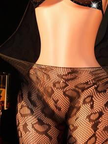 2pcs Women's Sexy Lingerie Fishnet Sets,Sparkle Rhineston,Sexy Lingerie Top And Bodysuit,Halter Neck Sleeveless With Exposed Waist And Back,Leopard Print Sleeveless,Hot Girl Outfit,Bikini Cover-Up,Sexy Party Role Play Costume Valentine's Day,Black Lingerie Set