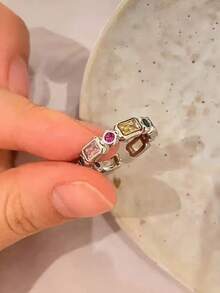 Cubic Zirconia Decor Cuff Ring - Silver - View 4